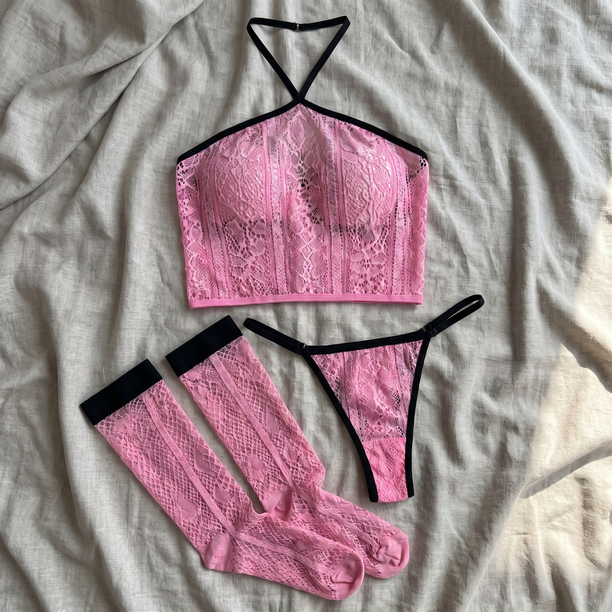 Avéline Lace Halter Crop Top, Thong & Stockings 3-Piece Set