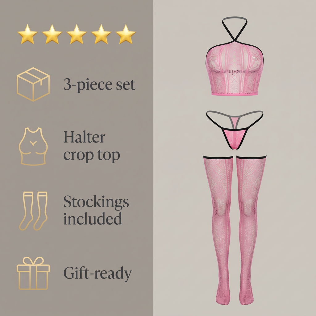 Avéline Lace Halter Crop Top, Thong & Stockings 3-Piece Set