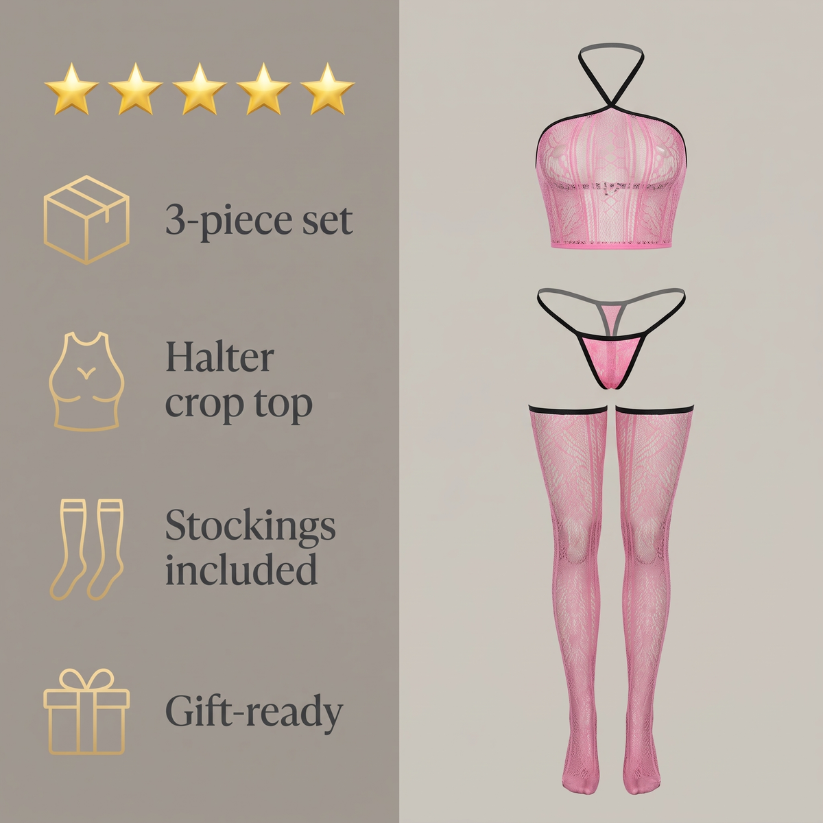 Avéline Lace Halter Crop Top, Thong & Stockings 3-Piece Set