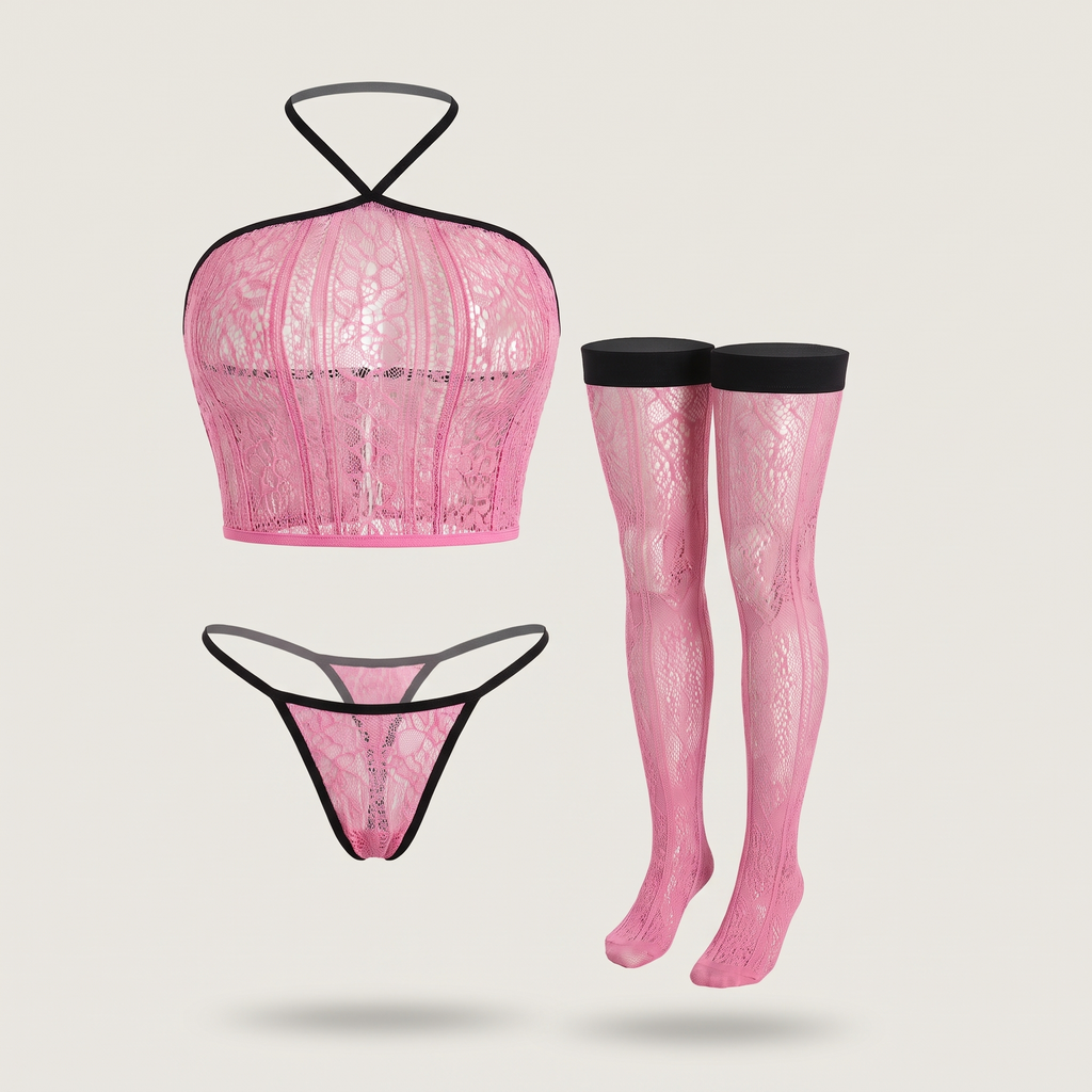 Avéline Lace Halter Crop Top, Thong & Stockings 3-Piece Set