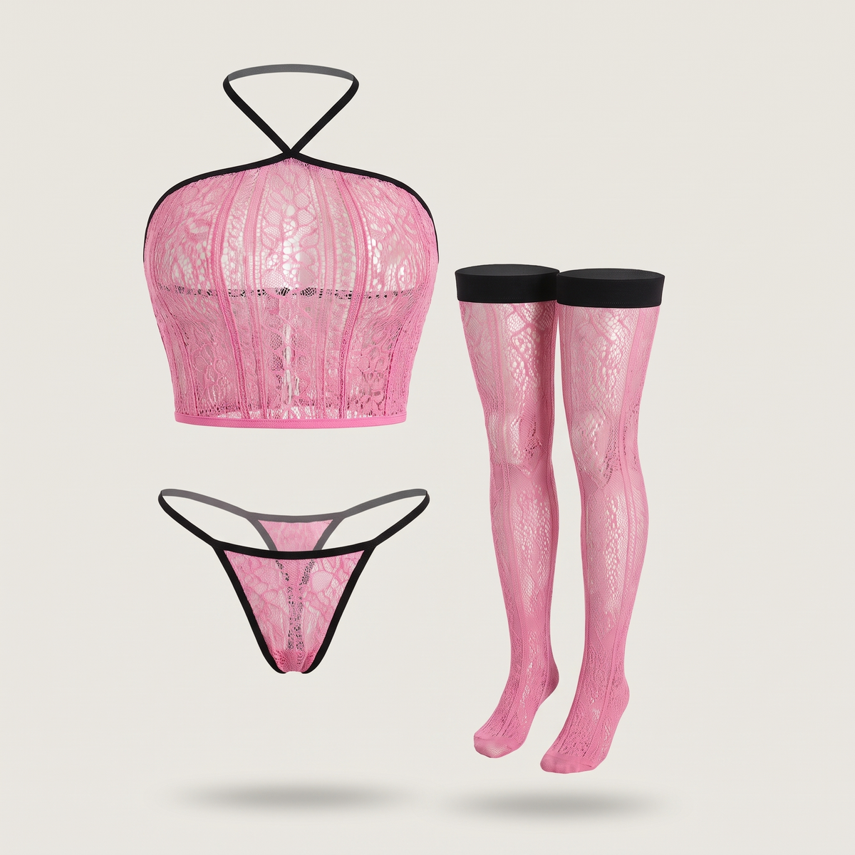Avéline Lace Halter Crop Top, Thong & Stockings 3-Piece Set