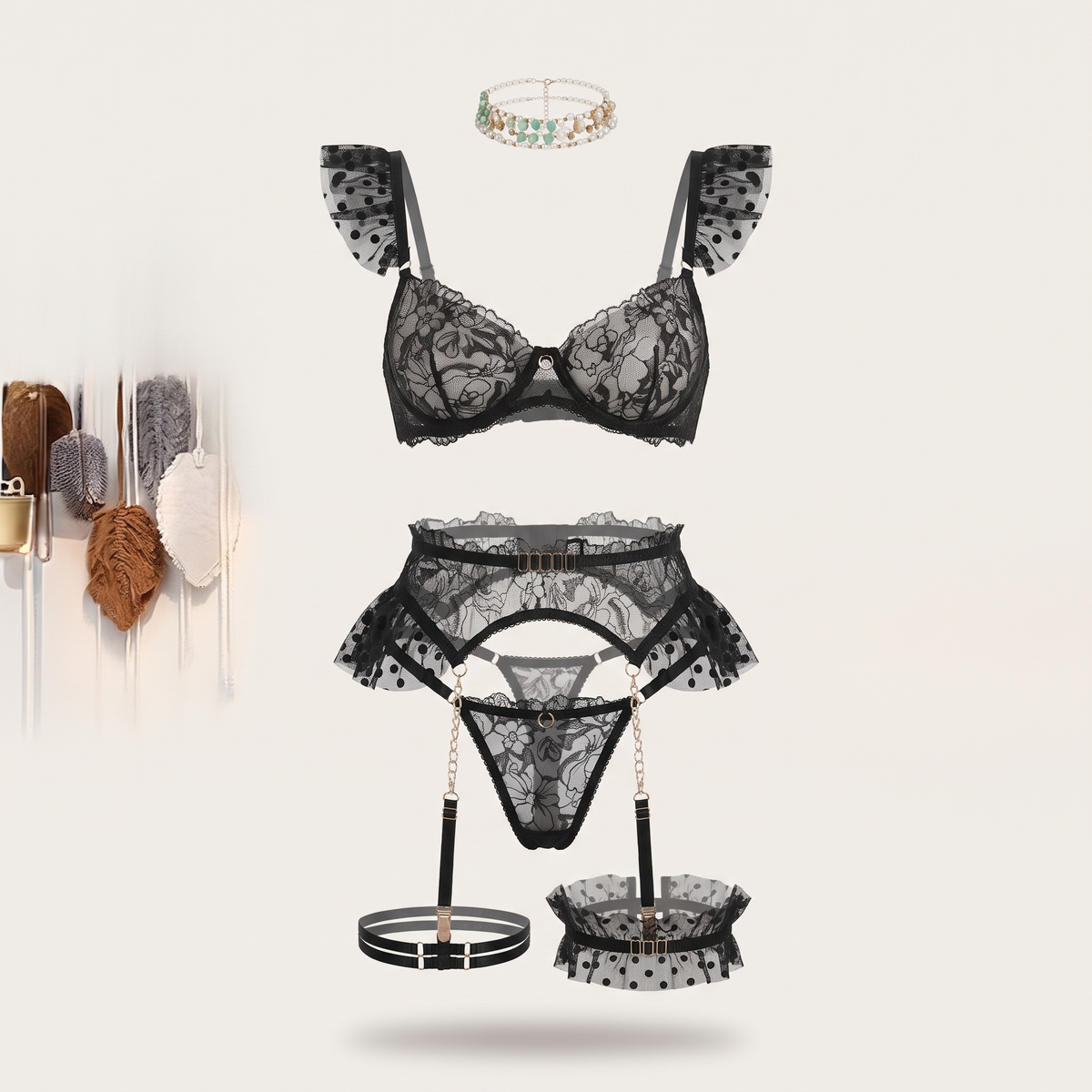 Avéline Embroidered Lace Lingerie Set with Chain