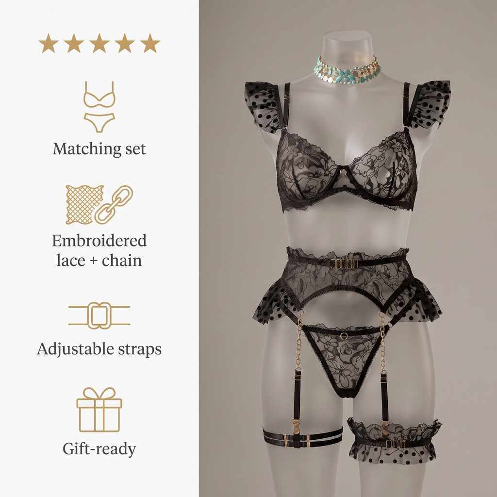 Avéline Embroidered Lace Lingerie Set with Chain