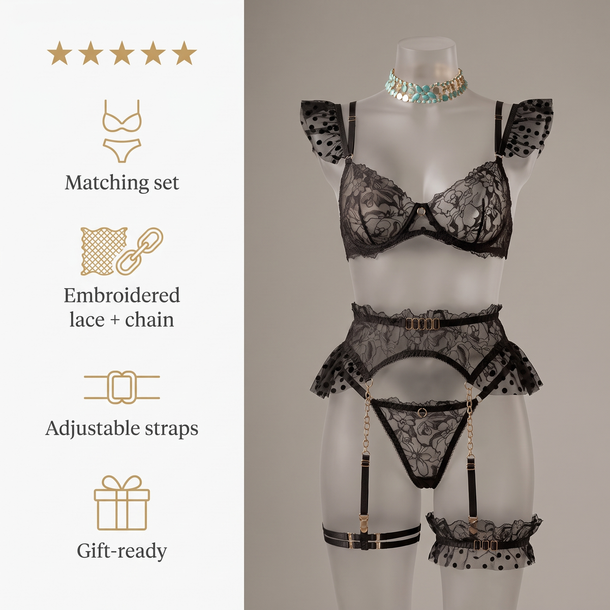 Avéline Embroidered Lace Lingerie Set with Chain