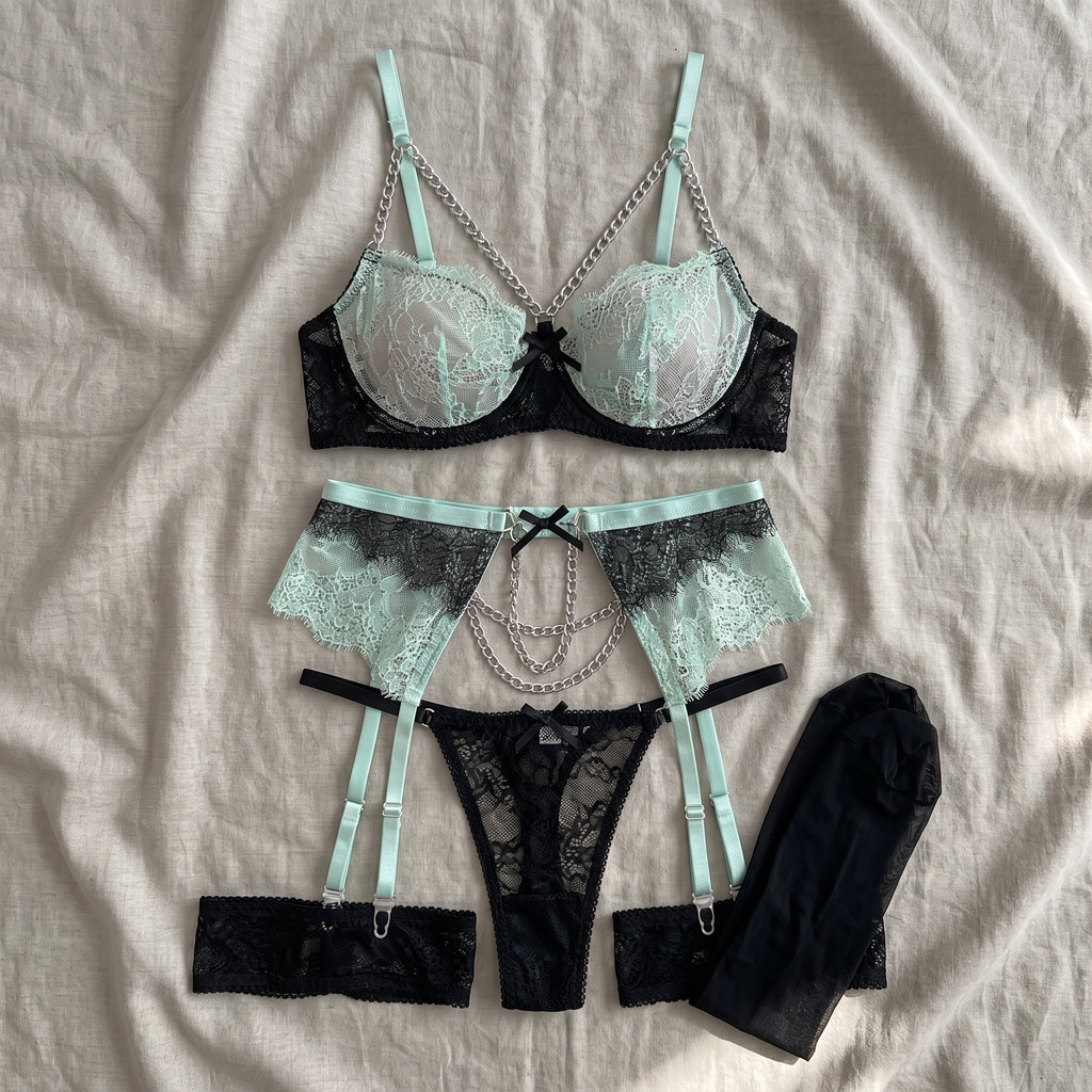 Avéline Chain Garter Contrast-Colour Lace Lingerie Set