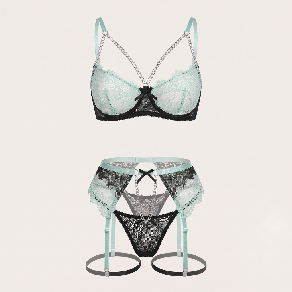 Avéline Chain Garter Contrast-Colour Lace Lingerie Set