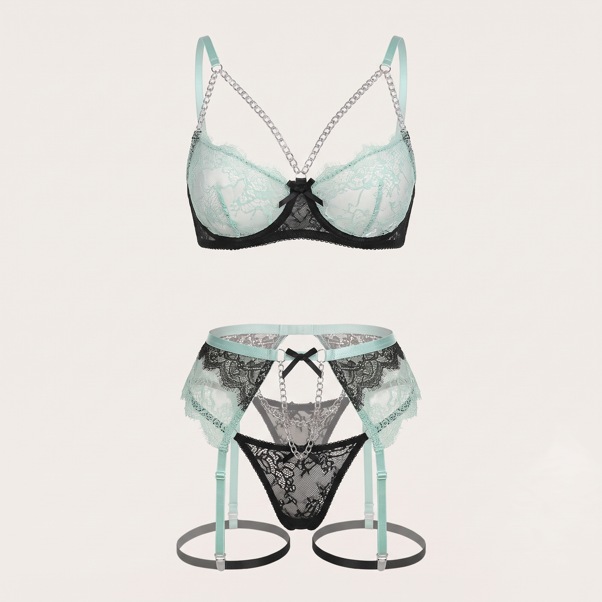 Avéline Chain Garter Contrast-Colour Lace Lingerie Set