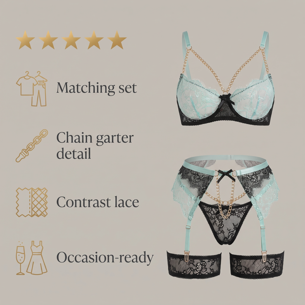 Avéline Chain Garter Contrast-Colour Lace Lingerie Set
