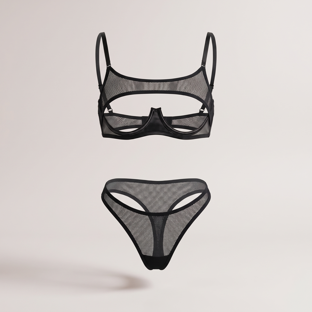 Avéline Black Mesh Open-Cup Garter Lingerie Set