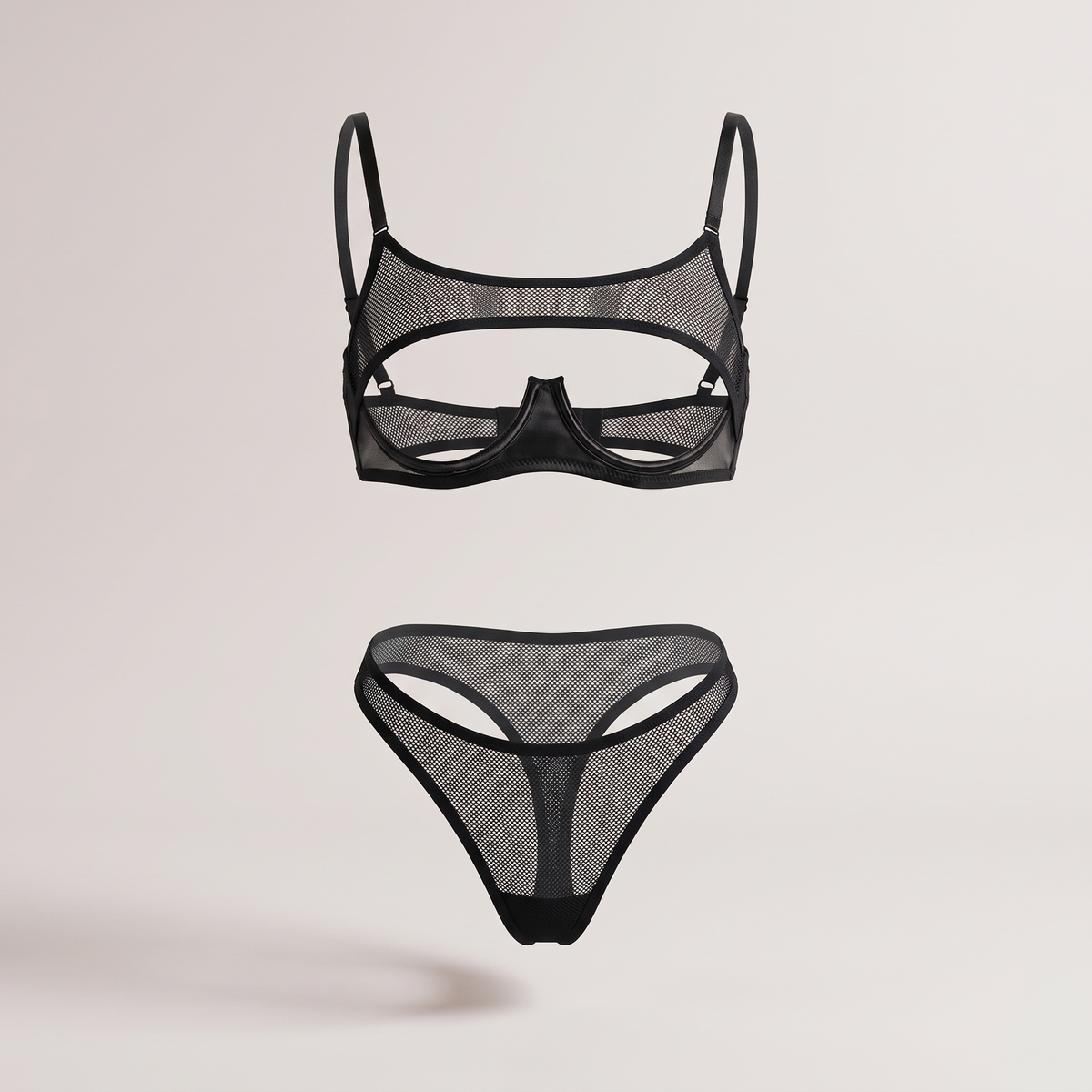 Avéline Black Mesh Open-Cup Garter Lingerie Set