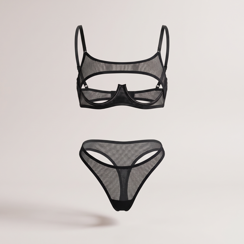 Avéline Black Mesh Open-Cup Garter Lingerie Set