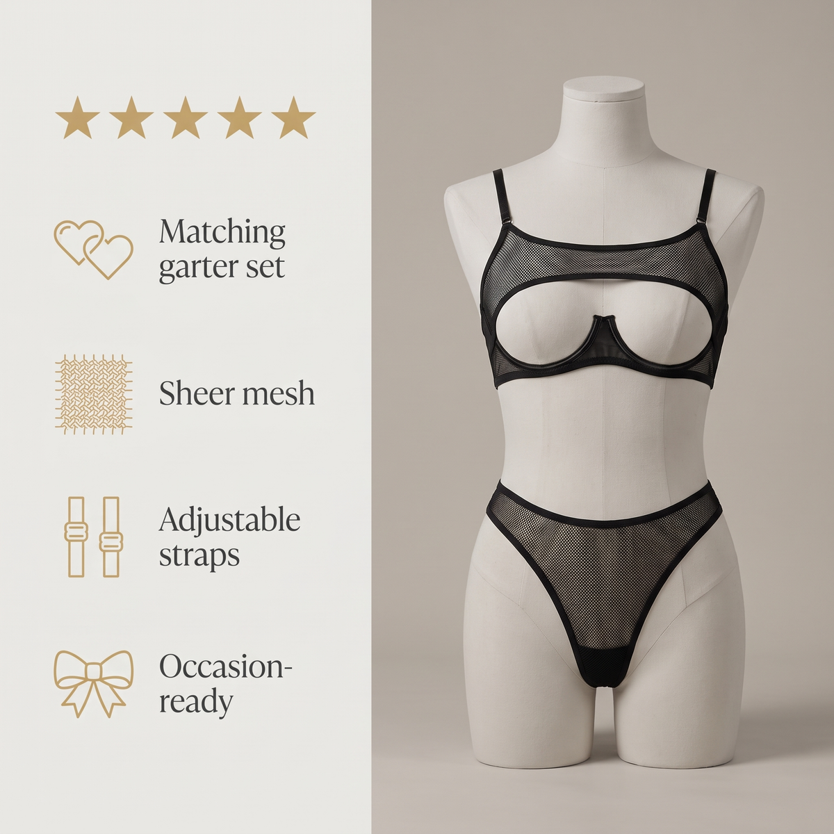 Avéline Black Mesh Open-Cup Garter Lingerie Set