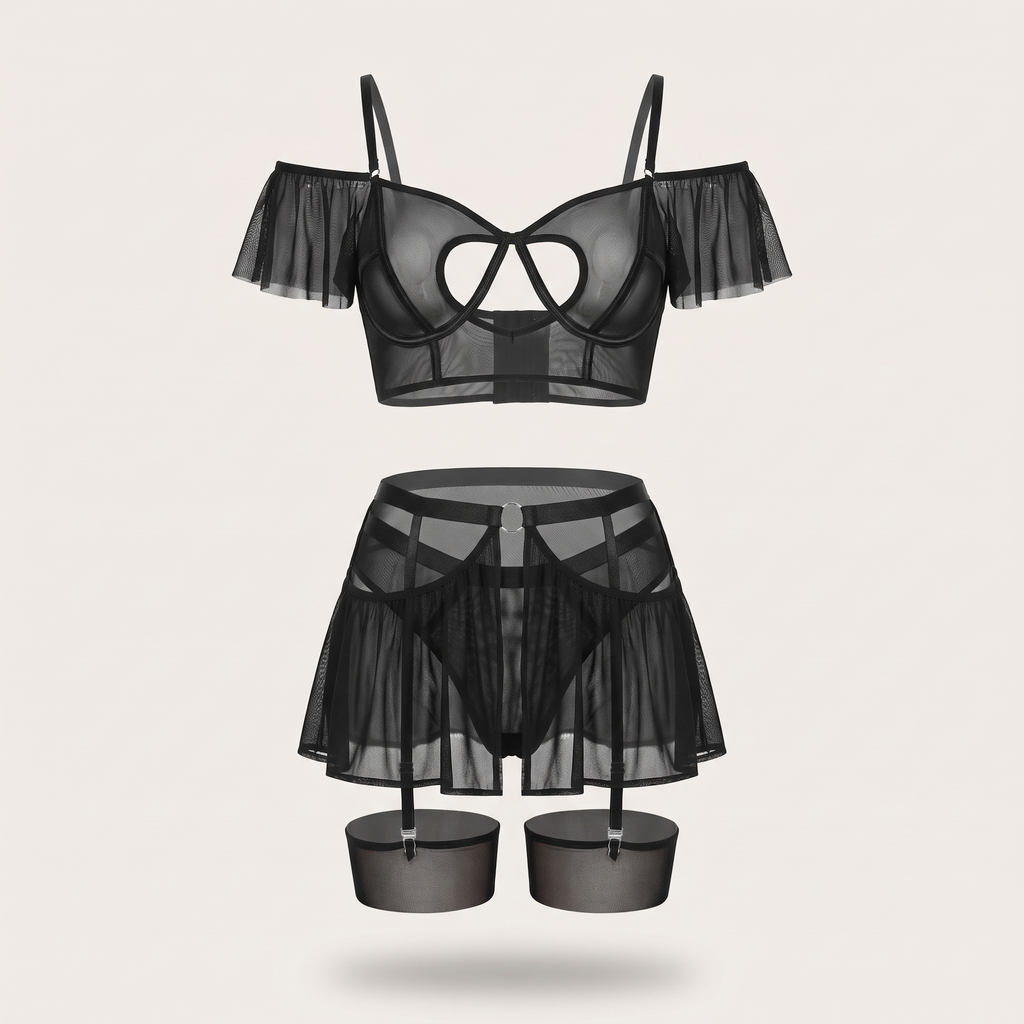 Avéline Heart Cut-Out Bra Lingerie Set with Stockings