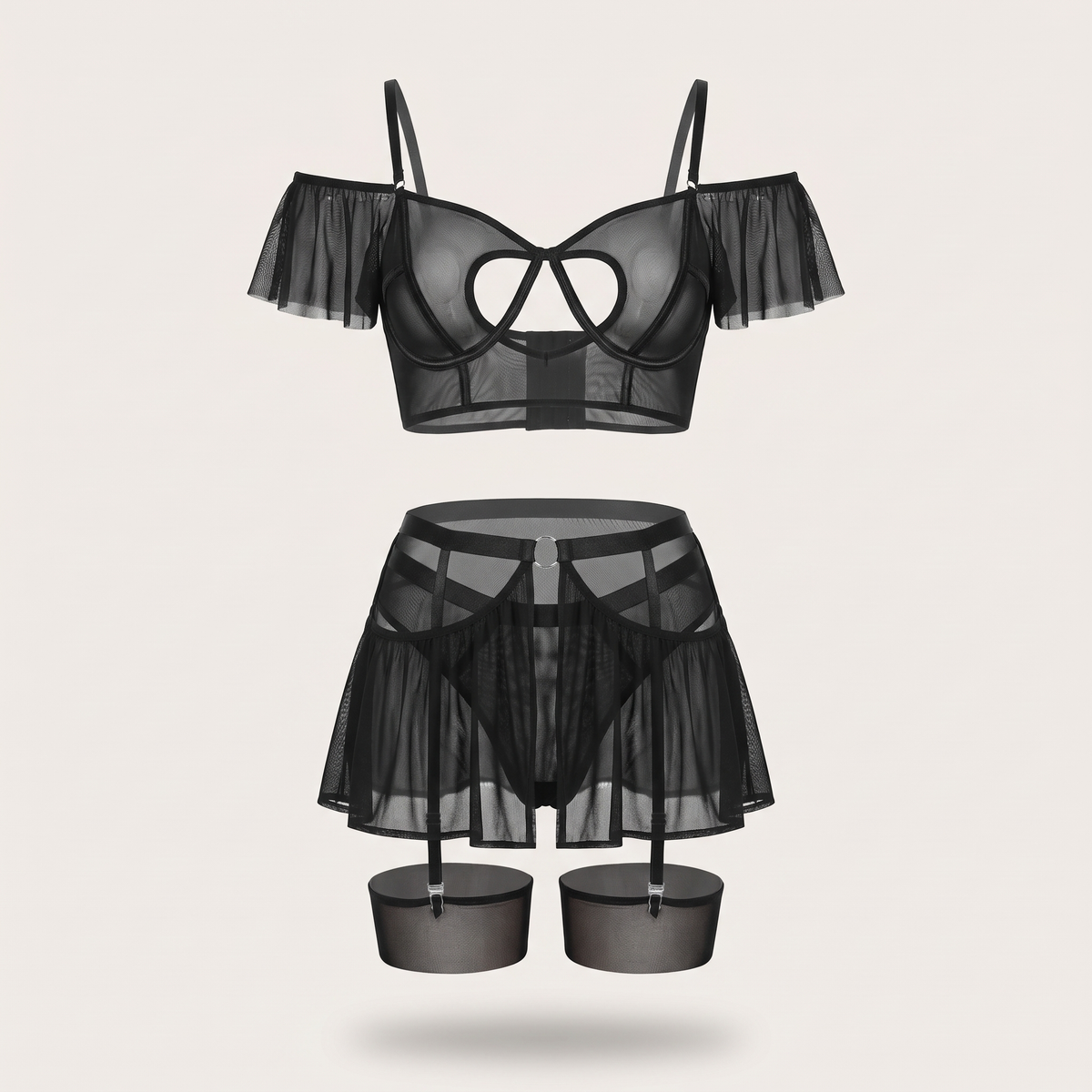 Avéline Heart Cut-Out Bra Lingerie Set with Stockings