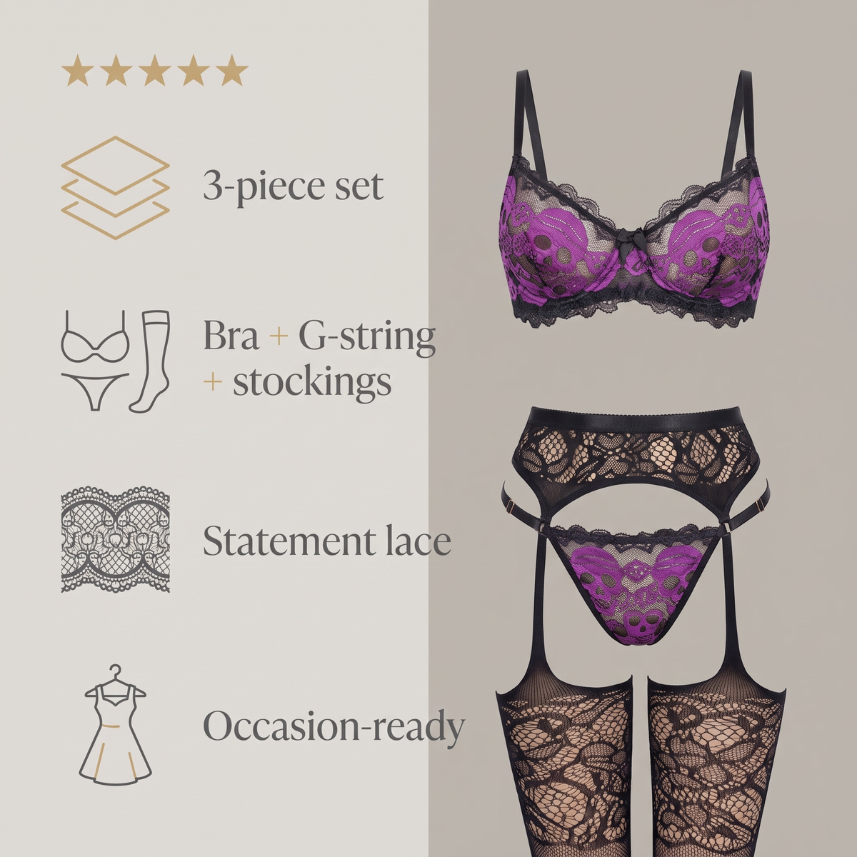 Avéline 3-Piece Skull Lace Lingerie Set