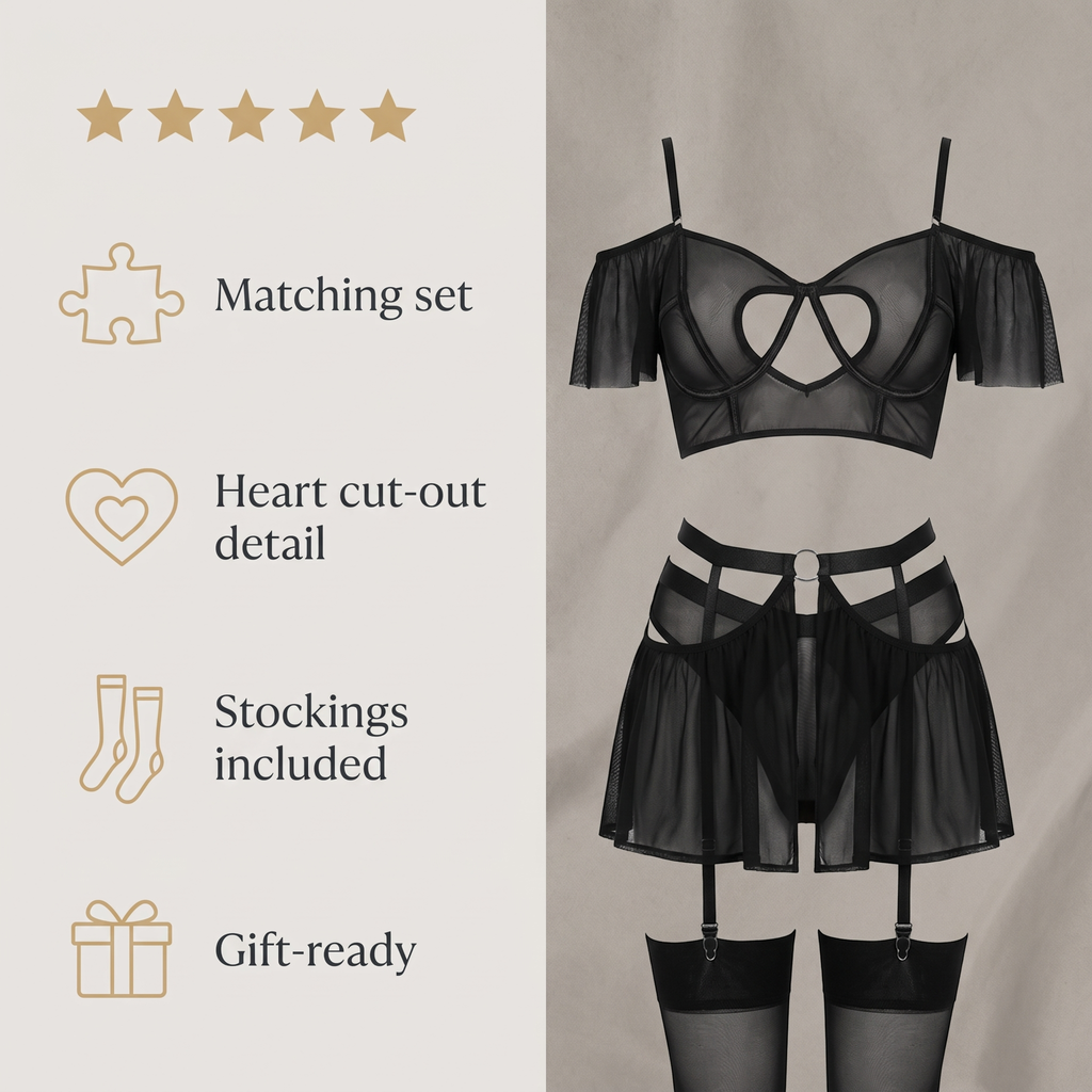 Avéline Heart Cut-Out Bra Lingerie Set with Stockings