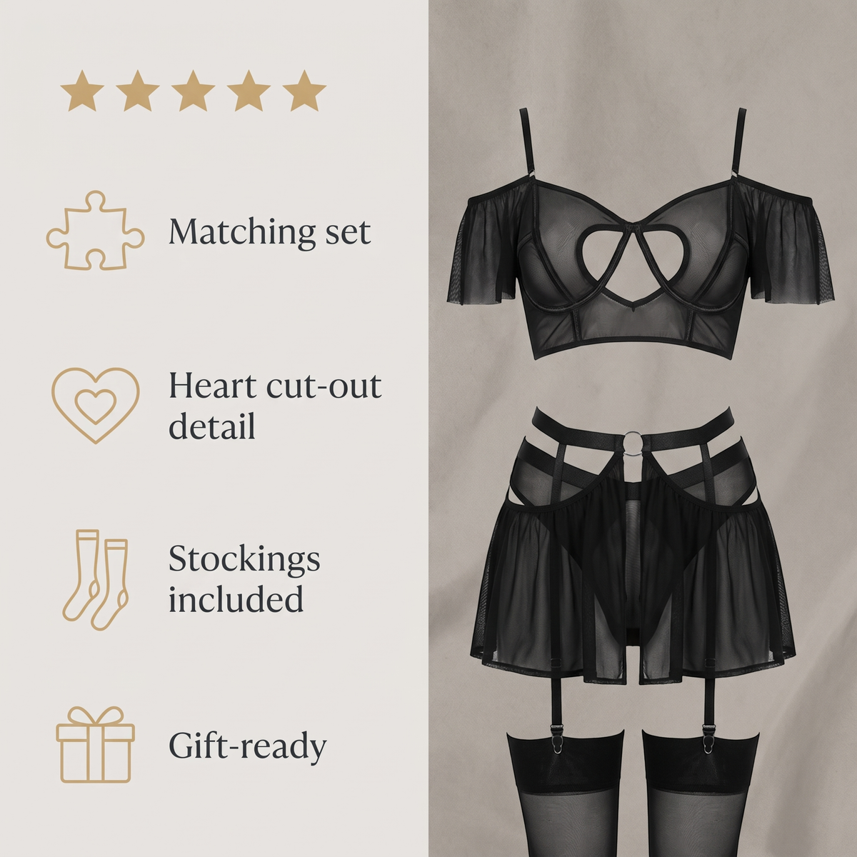 Avéline Heart Cut-Out Bra Lingerie Set with Stockings