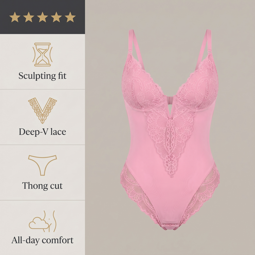 Avéline Lace Deep V-Neck Sculpting Thong Bodysuit