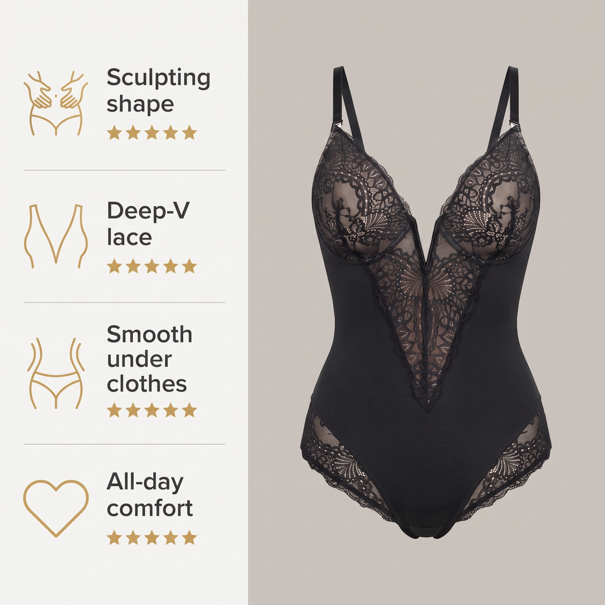 Avéline Lace Deep-V Neck Sculpting Bodysuit