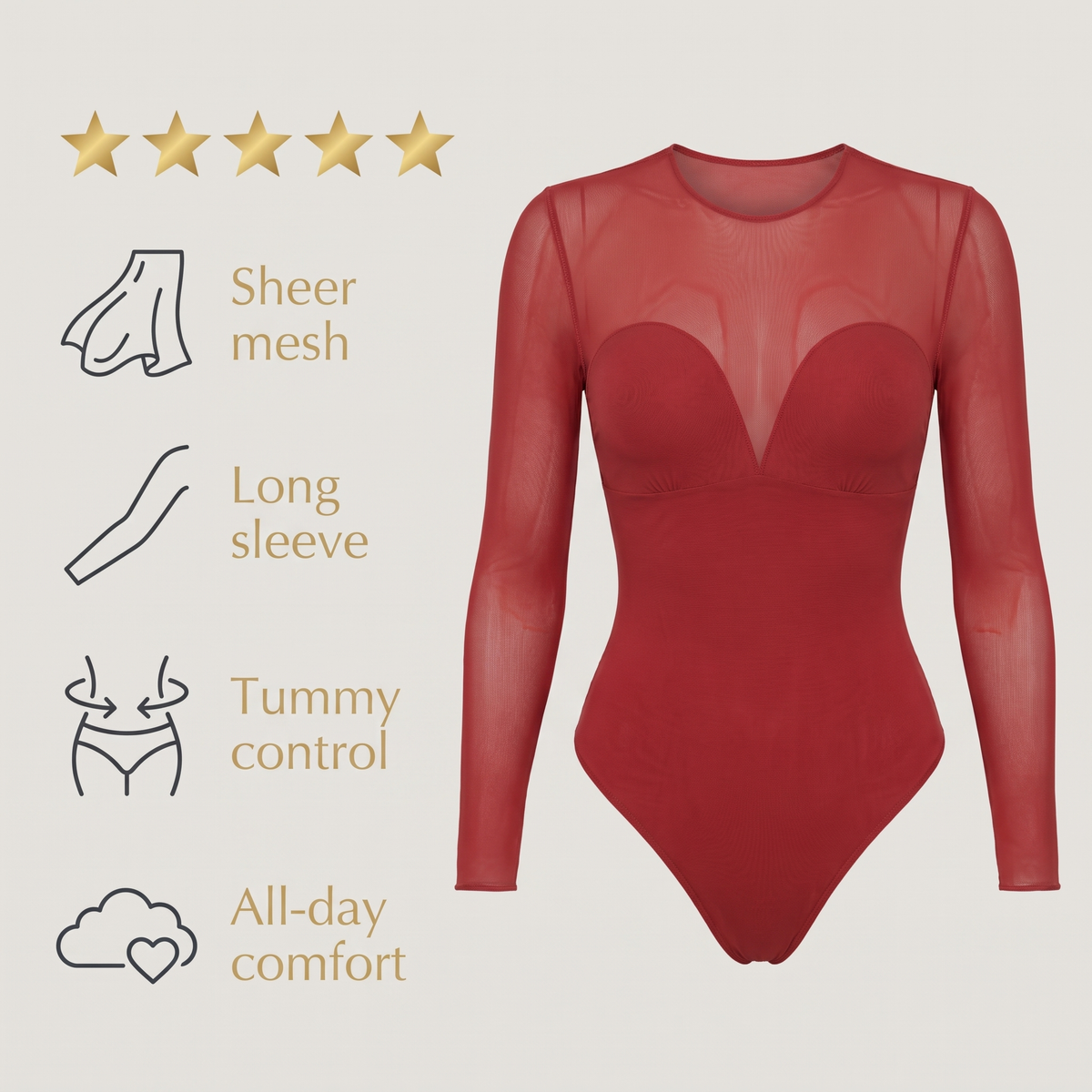 Avéline Illusion Mesh Long-Sleeve Tummy-Control Bodysuit