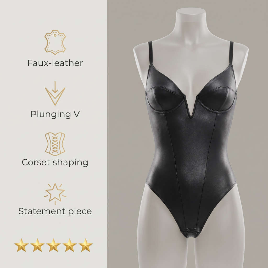 Avéline Faux-Leather Plunge Sculpting Corset Bodysuit