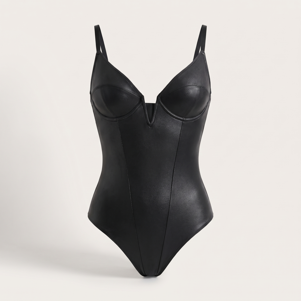 Avéline Faux-Leather Plunge Sculpting Corset Bodysuit