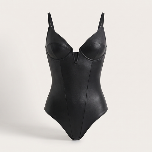 Avéline Faux-Leather Plunge Sculpting Corset Bodysuit