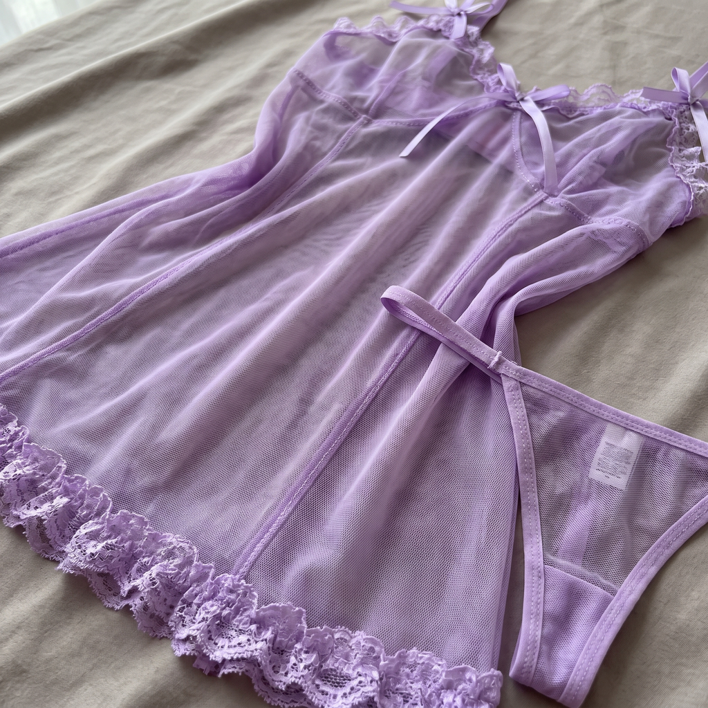 Avéline Sheer Mesh Lace-Trim Bow-Strap Babydoll