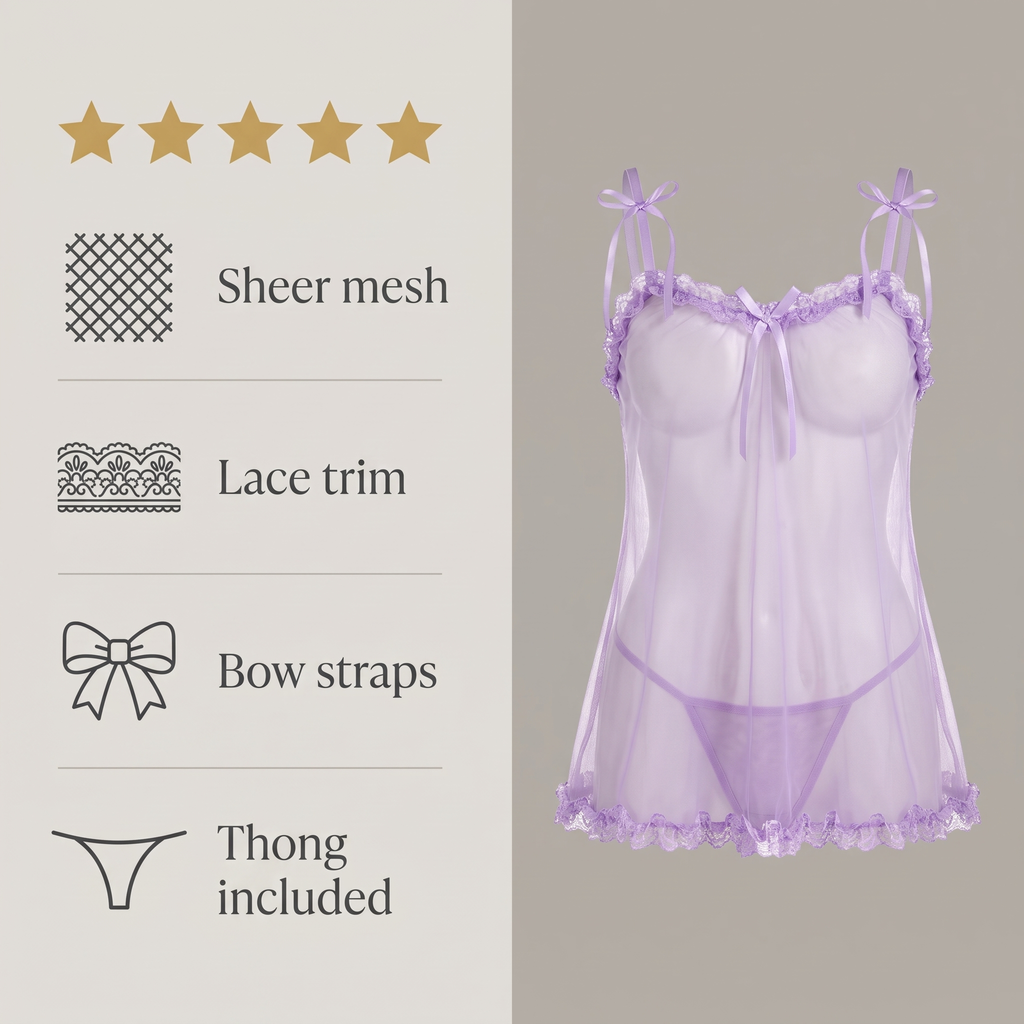 Avéline Sheer Mesh Lace-Trim Bow-Strap Babydoll
