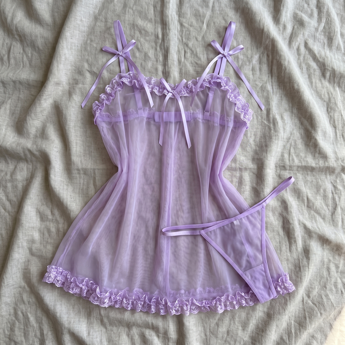 Avéline Sheer Mesh Lace-Trim Bow-Strap Babydoll