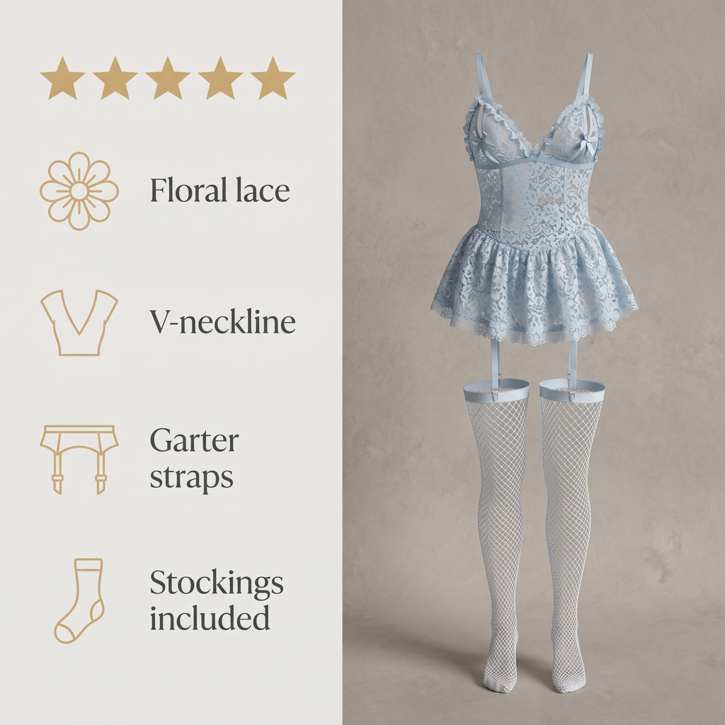 Avéline Floral Lace V-Neck Babydoll with Garter & Stockings