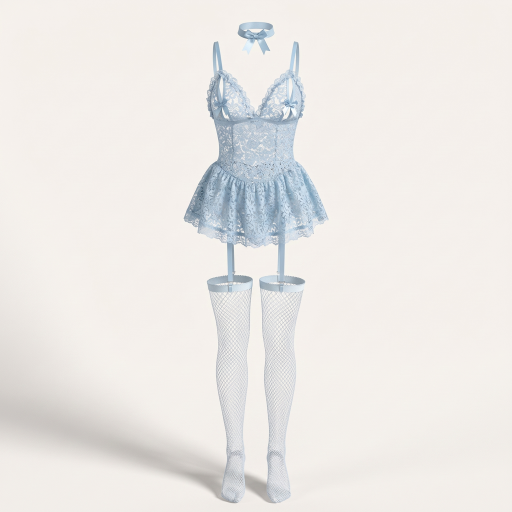 Avéline Floral Lace V-Neck Babydoll with Garter & Stockings
