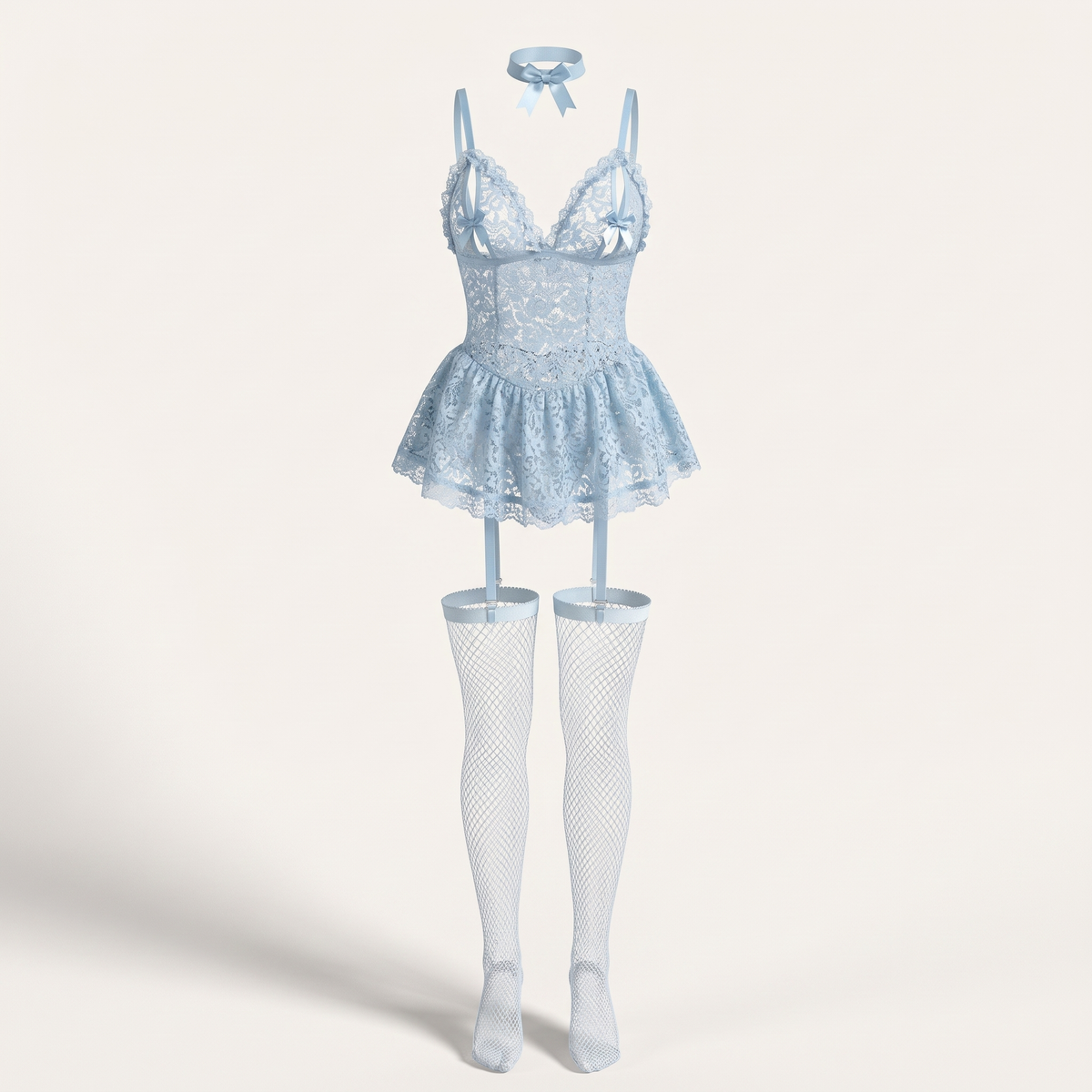Avéline Floral Lace V-Neck Babydoll with Garter & Stockings