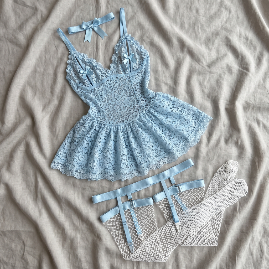 Avéline Floral Lace V-Neck Babydoll with Garter & Stockings