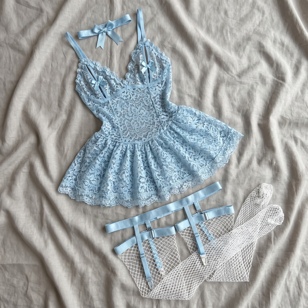 Avéline Floral Lace V-Neck Babydoll with Garter & Stockings