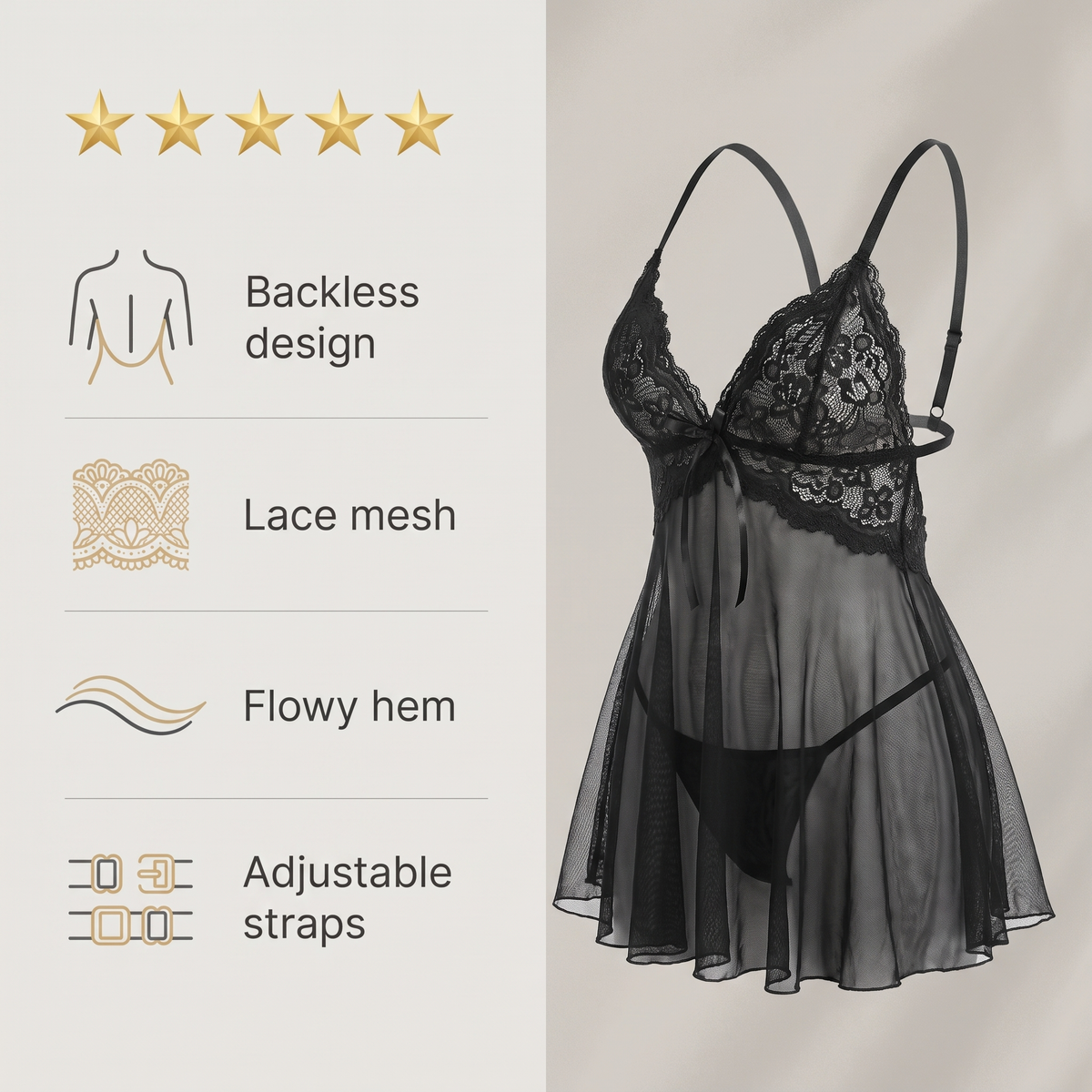Avéline Lace Mesh Backless Babydoll