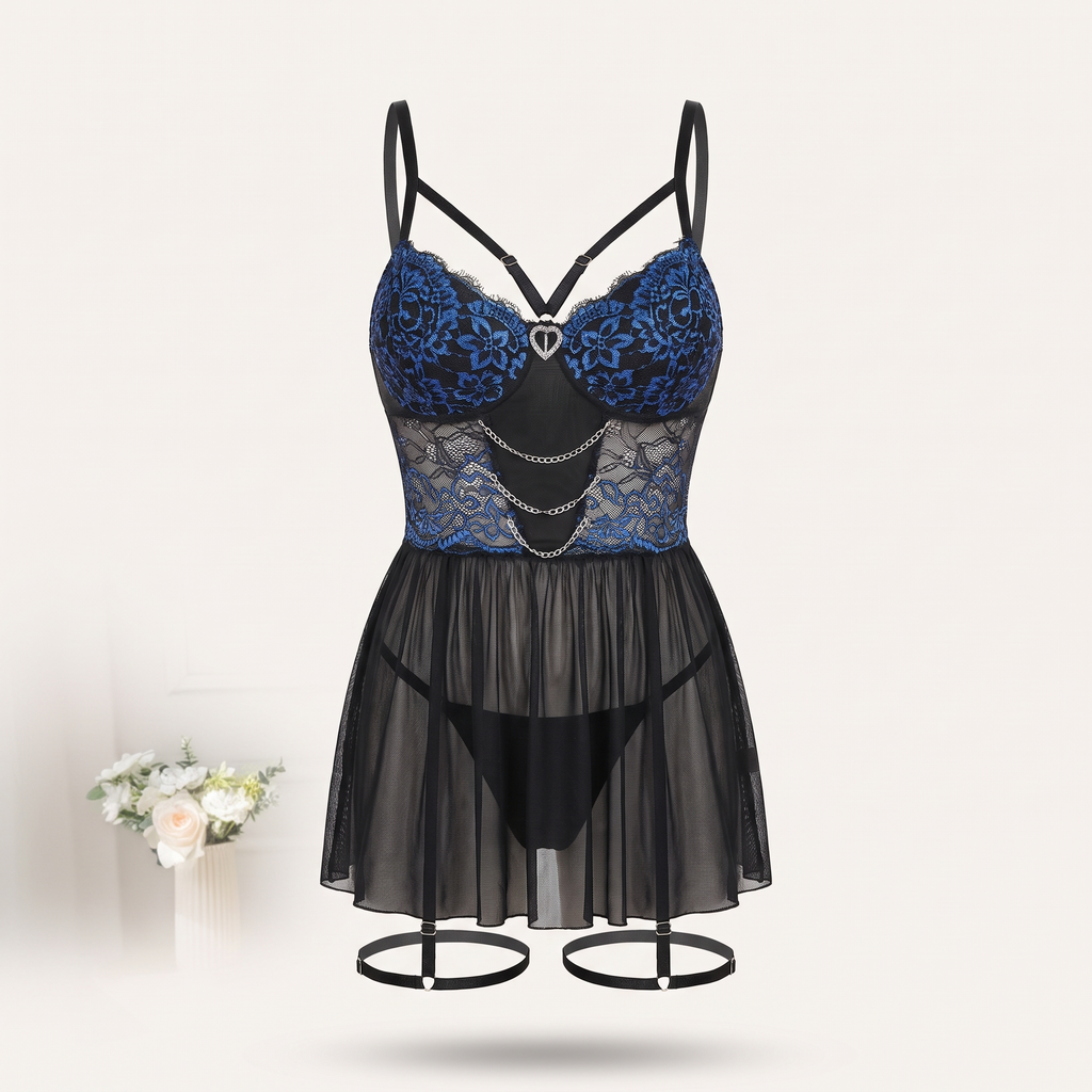 Avéline Lace Babydoll with Chain Detail & Garter Belt