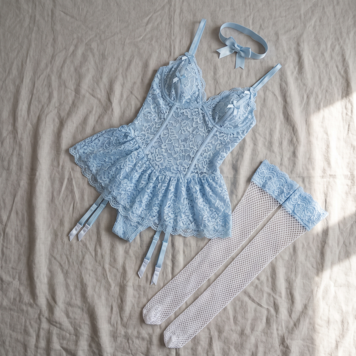 Avéline Floral Lace Garter Babydoll Mini Dress with Stockings