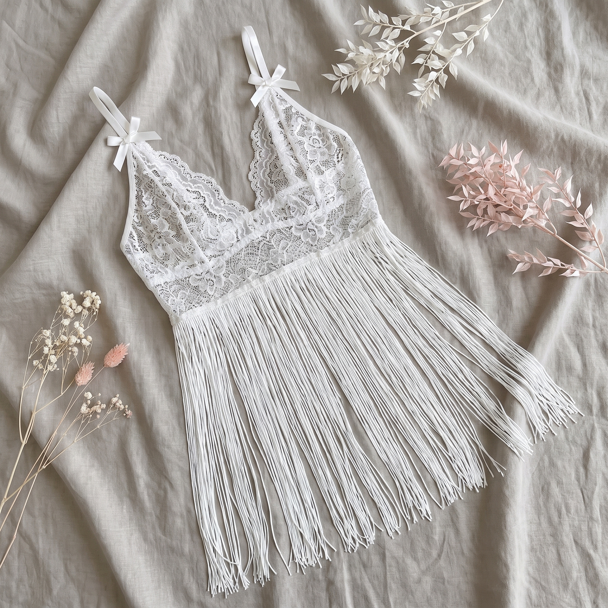 Avéline Romantic White Lace Fringe Babydoll