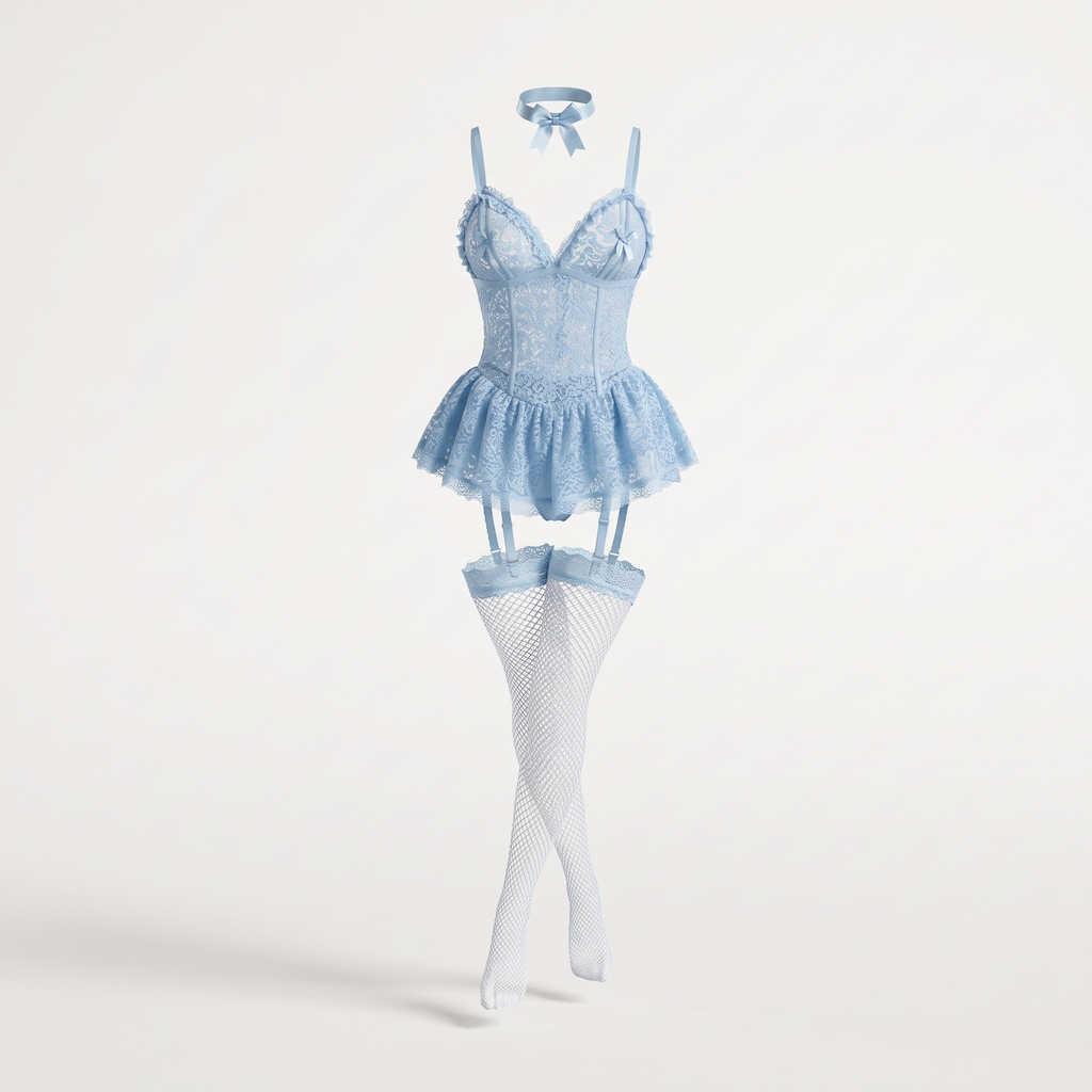 Avéline Floral Lace Garter Babydoll Mini Dress with Stockings