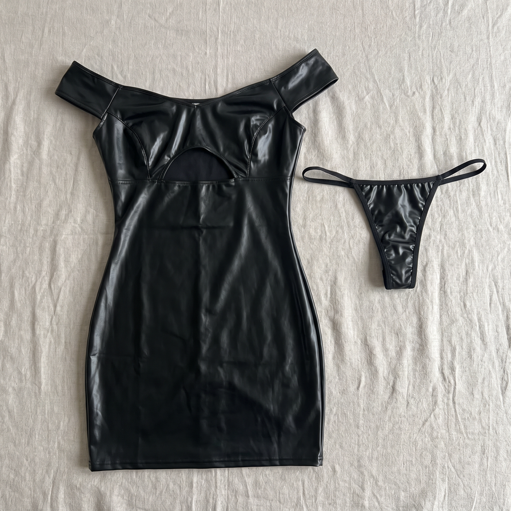 Avéline Faux-Leather Off-Shoulder Bodycon Mini Dress
