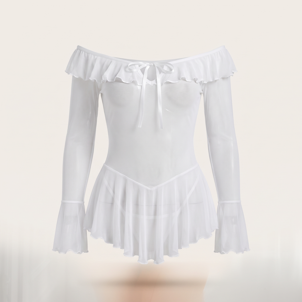 Avéline Sheer Mesh Ruffle Off-Shoulder Mini Dress