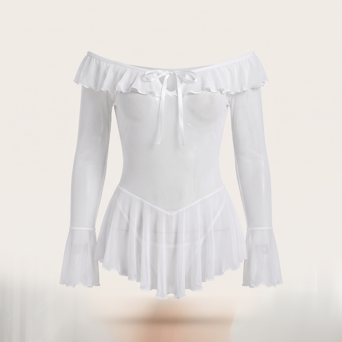 Avéline Sheer Mesh Ruffle Off-Shoulder Mini Dress