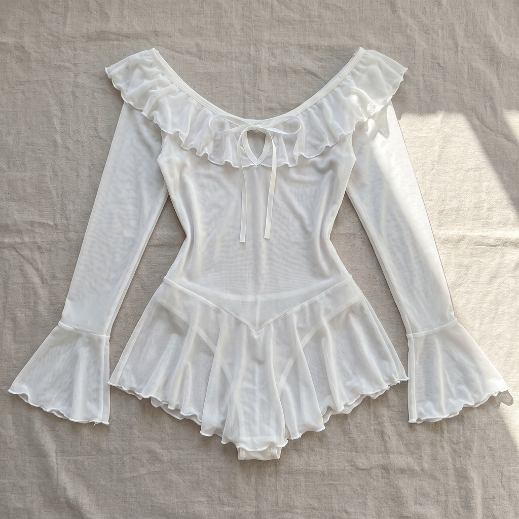 Avéline Sheer Mesh Ruffle Off-Shoulder Mini Dress