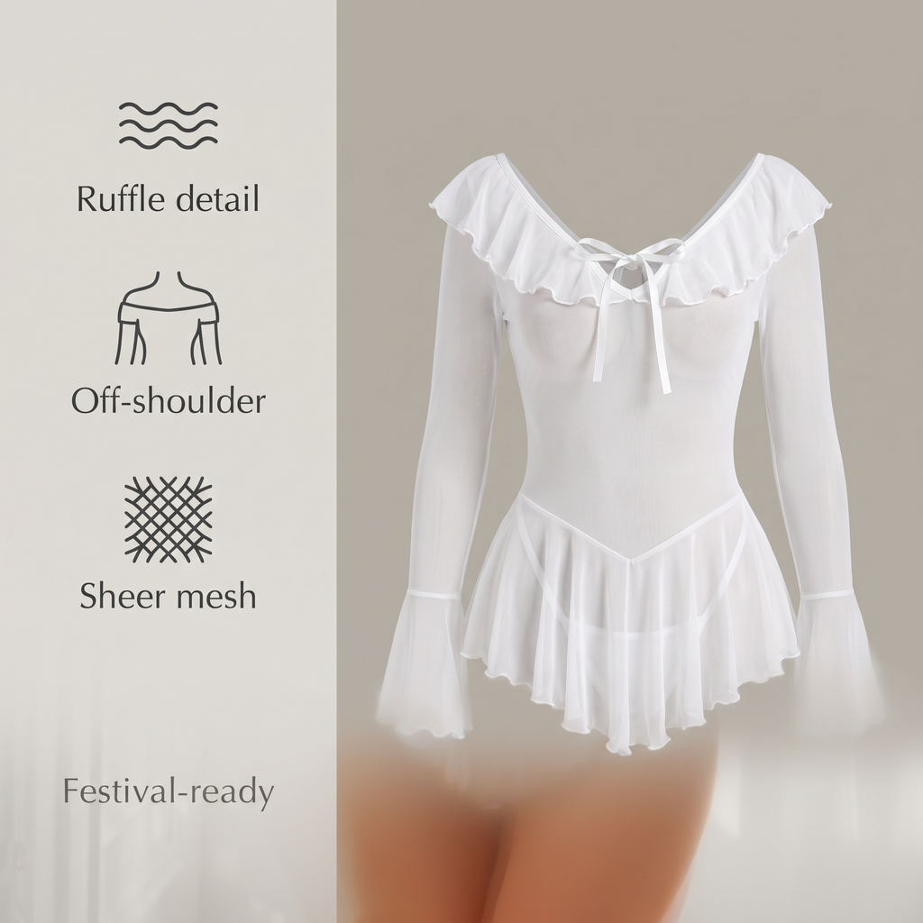 Avéline Sheer Mesh Ruffle Off-Shoulder Mini Dress