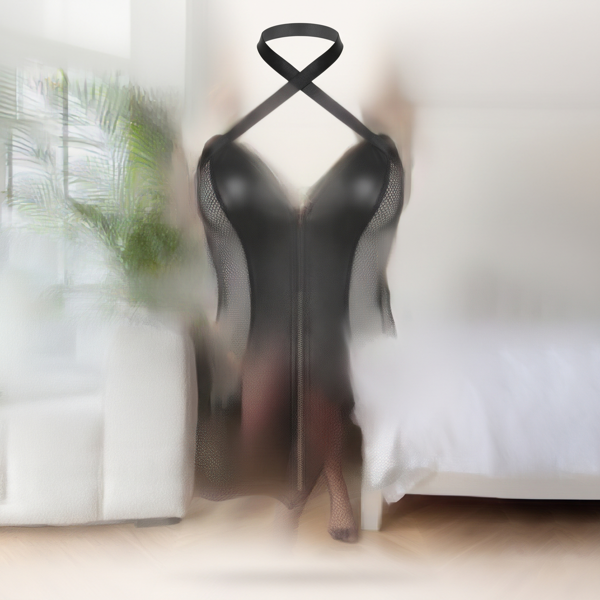 Avéline PU Leather Zipper Fishnet Halter Corset