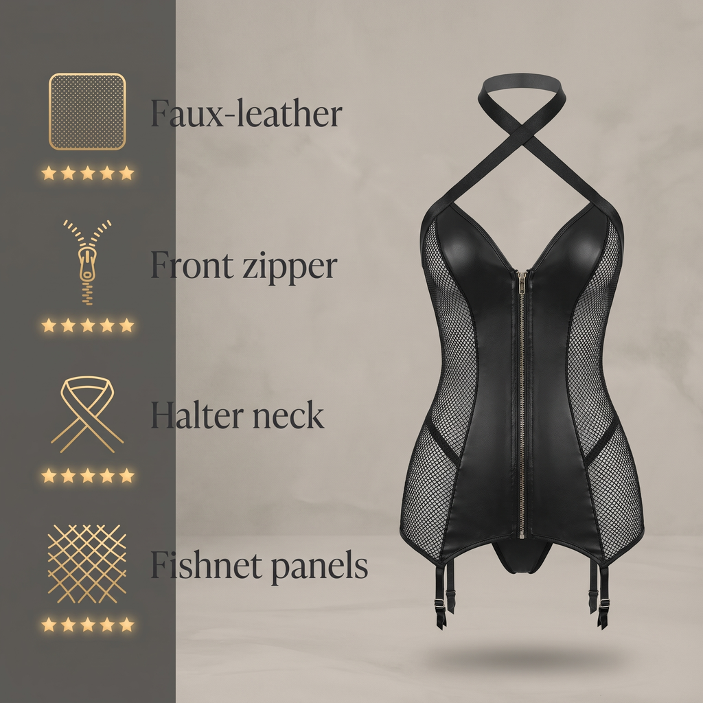 Avéline PU Leather Zipper Fishnet Halter Corset
