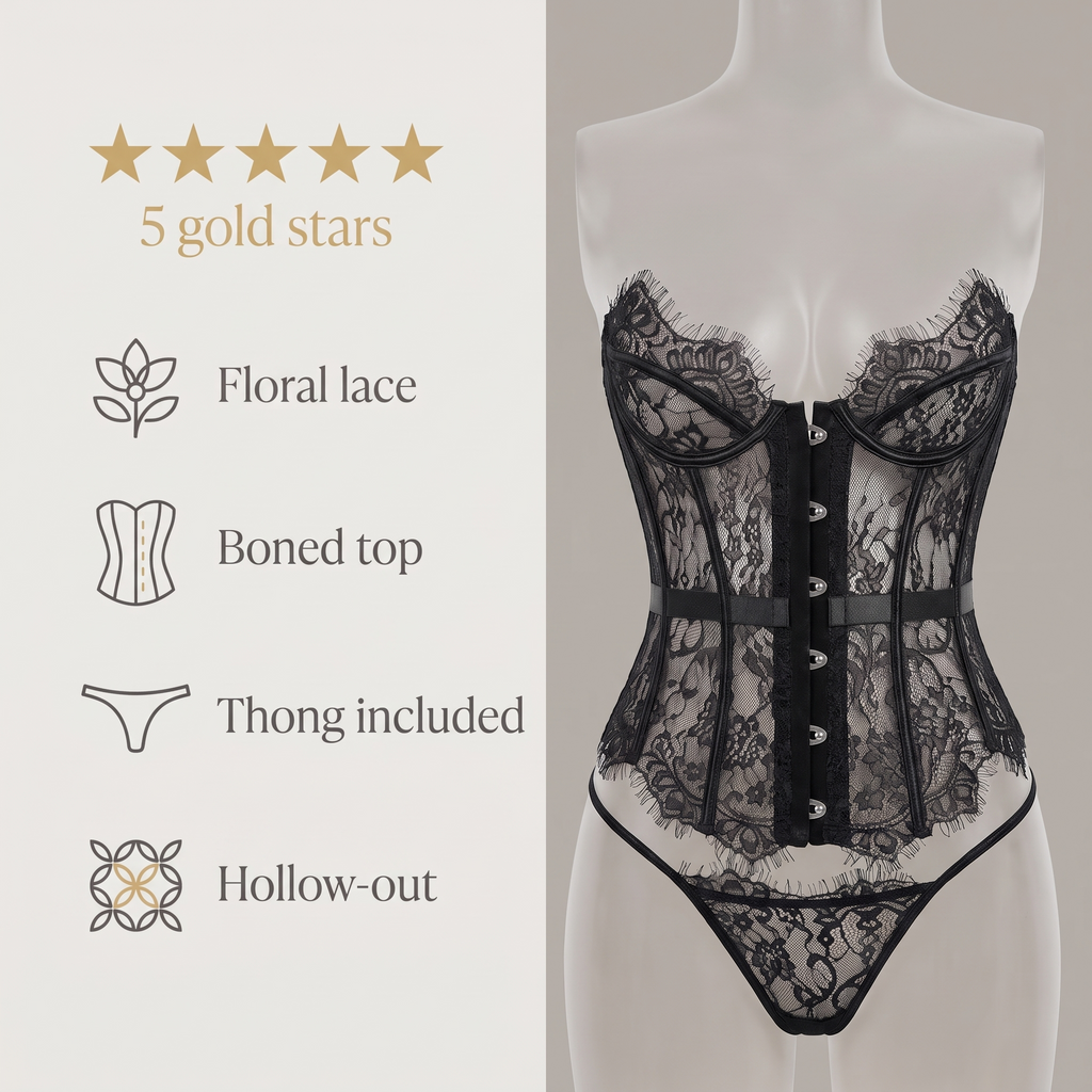 Avéline Floral Lace Boned Corset Top & Thong Set