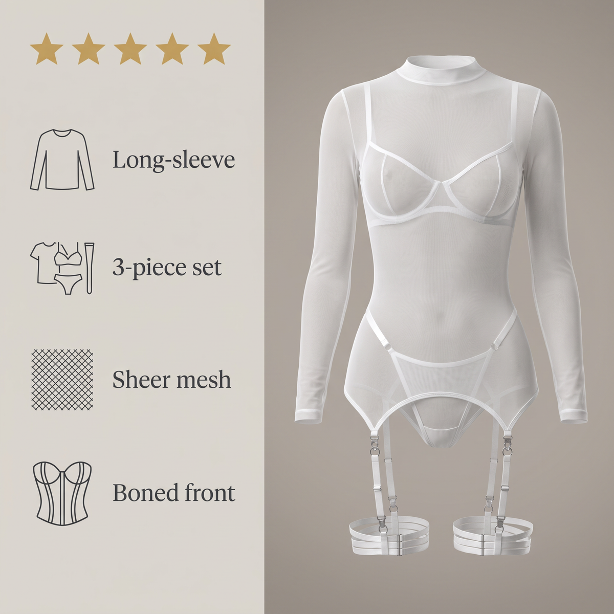 Avéline Mesh Long-Sleeve Corset Three-Piece Set