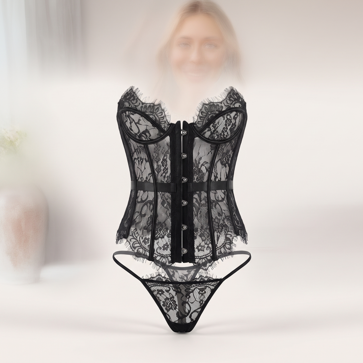 Avéline Floral Lace Boned Corset Top & Thong Set